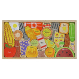 The Wooden Puzzle Alphabites by Begin Again is perfect for an educational kitchen game with meats and fruits.
