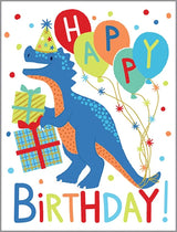 The Birthday Card, Dino by Gina B Designs features a vibrant dinosaur with gifts and balloons, a party hat, and red foil Happy Birthday!.