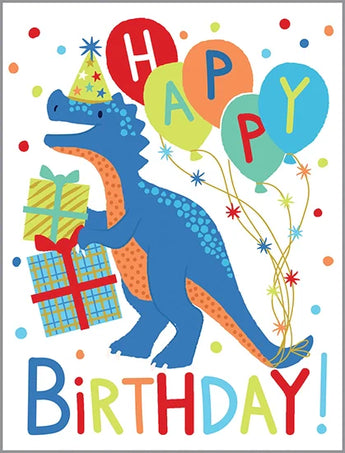 The Birthday Card, Dino by Gina B Designs features a vibrant dinosaur with gifts and balloons, a party hat, and red foil Happy Birthday!.