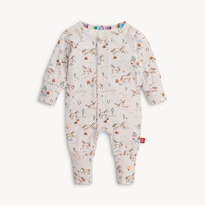 Magnetic Me Coverall Born To Run: western horse & cactus print, eco-friendly TENCEL modal, colorful snaps at neck.