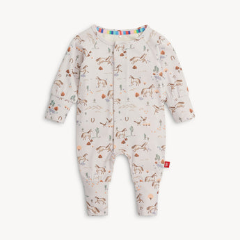 Magnetic Me Coverall Born To Run: horse and desert print, multicolored trim, and magnetic closures for easy changes.