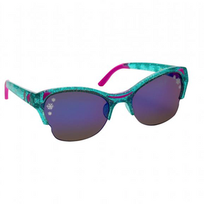 Sunstaches Arkaid Sunglasses in Frozen Blue and Pink: Glittery with impact-resistant, UV-protective purple lenses and snowflake designs.