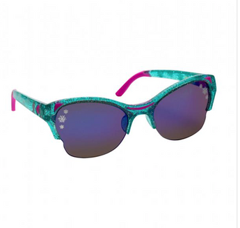 Sunstaches Arkaid Sunglasses in Frozen Blue and Pink: Glittery with impact-resistant, UV-protective purple lenses and snowflake designs.
