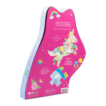 Floss and Rocks 40 Piece Puzzle, Fairy Unicorn, features playful illustrations with shiny foil on a pink background for problem-solving fun.