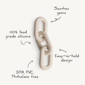The Mushie Links Teether, Tradewinds are beige silicone links that ease sore gums, 100% food-grade, BPA-free, and easy to hold.