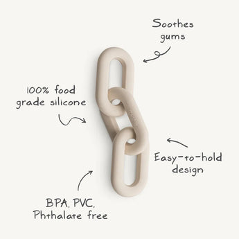 The Mushie Links Teether, Tradewinds are beige silicone links that ease sore gums, 100% food-grade, BPA-free, and easy to hold.