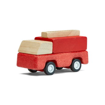 The Wooden Fire Truck by PlanToys is sustainably made, featuring black wheels and a natural wood ladder on a red body.