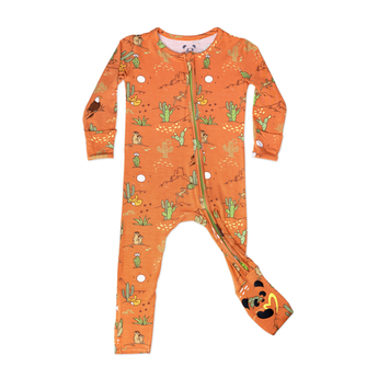 Bellabu Bears Bamboo Footie, Desert: Orange with cactus/desert animal patterns, front zipper, and matching fabric.