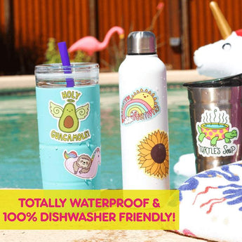 Vinyl stickers on drink containers poolside, with Desert Dweller Big Foot designs by Turtle Soup. Waterproof & dishwasher safe!.