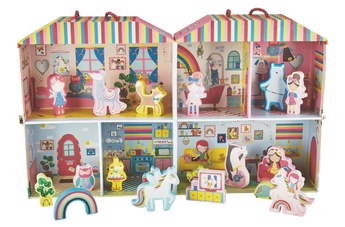 Floss and Rocks Rainbow Fairy Playhouse: A vibrant, portable dollhouse with unicorns, llamas, striped roof & cut-out characters!.