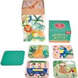 Floss and Rock Memory Game, Jungle: Features giraffe, leopard, monkey, parrot & safari van in a colorful animal-themed design.