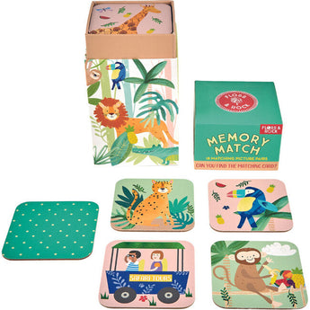 Floss and Rock Memory Game, Jungle: Features giraffe, leopard, monkey, parrot & safari van in a colorful animal-themed design.