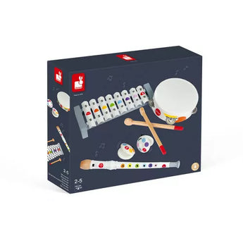 Janod Juratoys Confetti Musical Set boosts brainpower with a xylophone, tambourine, maracas, and recorder in a box.