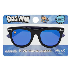 Arkaid Sunglasses, Dogman Black and Purple Wayfarer: black sunglasses with blue lenses on a Dog Man themed packaging card.