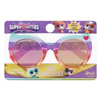 Arkaid Sunglasses, Super Kitties Gradient Cateye: pink, purple, & blue sunglasses on a Super Kitties themed packaging card.