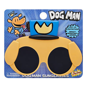 Lil' Characters Sunglasses, Dogman: yellow & black dog head shaped sunglasses with blue hat on Dog Man themed packaging card.