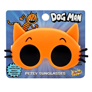 Lil' Characters Sunglasses, Petey: orange & black cat head shaped sunglasses on Dog Man themed packaging card.