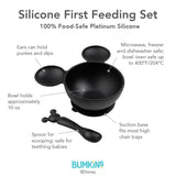 Bumkins Mickey Mouse Classic Black feeding set includes a character-shaped silicone bowl with a suction base and spoon.