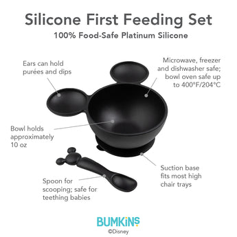 Bumkins Mickey Mouse Classic Black feeding set includes a character-shaped silicone bowl with a suction base and spoon.