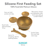 Bumkins Silicone First Feeding Set: Minnie Mouse Gold includes a food-safe silicone bowl with suction and spoon, both microwave/dishwasher safe.