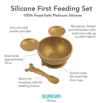 Bumkins Silicone First Feeding Set: Minnie Mouse Gold includes a food-safe silicone bowl with suction and spoon, both microwave/dishwasher safe.