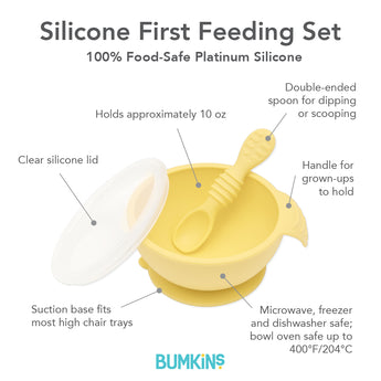 Bumkins Silicone First Feeding Set: Pineapple with spoon, suction base, clear lid, heat-safe 10 oz bowl for baby self-feeding.