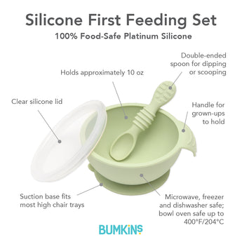 Infographic of Bumkins Silicone First Feeding Set: Sage, featuring a suction base bowl, lid, and baby spoon. Dishwasher safe.