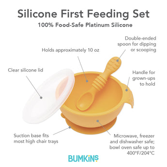 Bumkins Tangerine Silicone Feeding Set with suction base, clear lid & double-ended spoon for self-feeding.