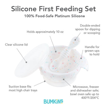 Infographic of Bumkins Silicone First Feeding Set: 100% food-safe platinum silicone, clear silicone lid, suction base, double-ended spoon.
