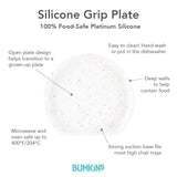 Infographic of Bumkins Silicone Grip Plate: 100% food-safe platinum silicone, easy to clean, deep walls, suction base, microwave and oven safe.