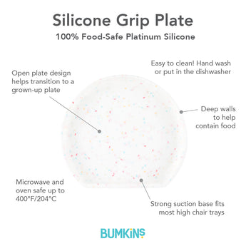 Infographic of Bumkins Silicone Grip Plate: 100% food-safe platinum silicone, easy to clean, deep walls, suction base, microwave and oven safe.