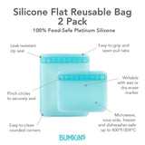 Infographic of Bumkins Silicone Flat Reusable Bag 2 Pack: 100% food-safe platinum silicone, leak-resistant zip seal, easy-to-clean.