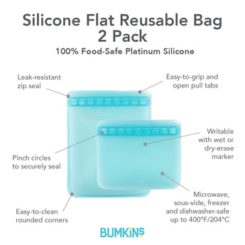 Infographic of Bumkins Silicone Flat Reusable Bag 2 Pack: 100% food-safe platinum silicone, leak-resistant zip seal, easy-to-clean.