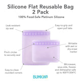 Infographic of Bumkins Silicone Flat Reusable Bag 2 Pack: 100% food-safe platinum silicone, leak-resistant zip seal, easy-to-clean.