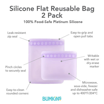 Infographic of Bumkins Silicone Flat Reusable Bag 2 Pack: 100% food-safe platinum silicone, leak-resistant zip seal, easy-to-clean.