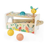 Janod Juratoys Wooden Xylophone: A skill game with colorful balls, animal illustrations, a Pure Tap Tap xylo, and a bird-design mallet.