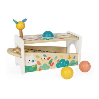 Janod Juratoys Wooden Xylophone for kids features a yellow bird and colorful illustrations—a perfect skill game with red, yellow & green balls.
