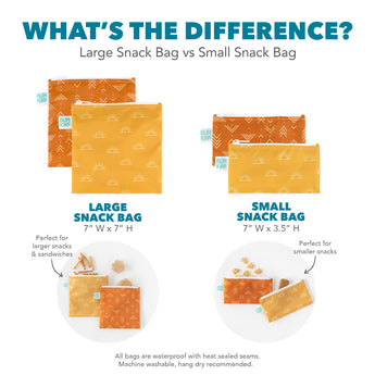 "What's the Difference? Large Snack Bag vs Small Snack Bag" comparison infographic with sizing and feature info about each bag type.