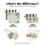 "What's the Difference? Large Snack Bag vs Small Snack Bag" comparison infographic with sizing and feature info about each bag type.