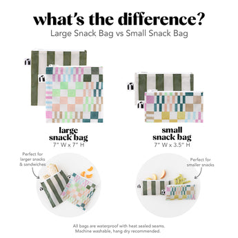 "What's the Difference? Large Snack Bag vs Small Snack Bag" comparison infographic with sizing and feature info about each bag type.