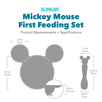 Bumkins First Feeding Set with dimensions—bowl: 4.5 in (12 cm) by 4.5 in (12 cm) by 2.25 in (6 cm). Spoon: 0.8 in (2 cm) by 4.75 in (12 cm).