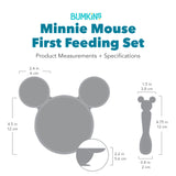 Bumkins First Feeding Set with dimensions—bowl: 4.5 in (12 cm) by 4.5 in (12 cm) by 2.25 in (6 cm). Spoon: 0.8 in (2 cm) by 4.75 in (12 cm).