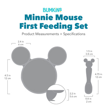 Bumkins First Feeding Set with dimensions—bowl: 4.5 in (12 cm) by 4.5 in (12 cm) by 2.25 in (6 cm). Spoon: 0.8 in (2 cm) by 4.75 in (12 cm).