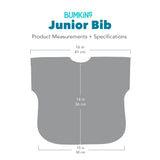 Gray silhouette of Bumkins Junior Bib with dimensions—width: 16 in (41 cm), height: 14 in (36 cm), bottom width: 15 in (38 cm).