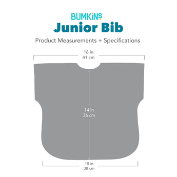 Gray silhouette of Bumkins Junior Bib with dimensions—width: 16 in (41 cm), height: 14 in (36 cm), bottom width: 15 in (38 cm).