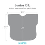 Gray silhouette of Bumkins Junior Bib with dimensions—width: 16.5 in (42 cm), height: 15.25 in (39 cm), height from neck: 14 in (36 cm).