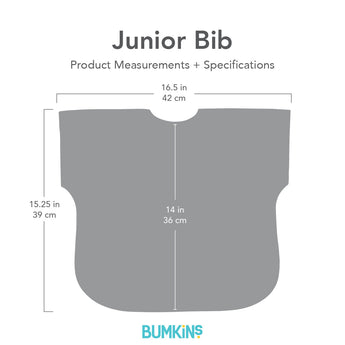 Gray silhouette of Bumkins Junior Bib with dimensions—width: 16.5 in (42 cm), height: 15.25 in (39 cm), height from neck: 14 in (36 cm).