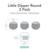 Gray silhouette of Bumkins Silicone Little Dipper 3-Pack with dimensions—width: 2.5 in (6 cm), height: 2.5 in (6 cm), depth: 1.25 in (3 cm).