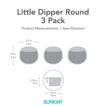Gray silhouette of Bumkins Silicone Little Dipper 3-Pack with dimensions—width: 2.5 in (6 cm), height: 2.5 in (6 cm), depth: 1.25 in (3 cm).