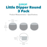 Gray silhouette of Bumkins Silicone Little Dipper 3-Pack with dimensions—width: 2.4 in (6 cm), height: 2.2 in (5.5 cm), depth: 1.2 in (3 cm).